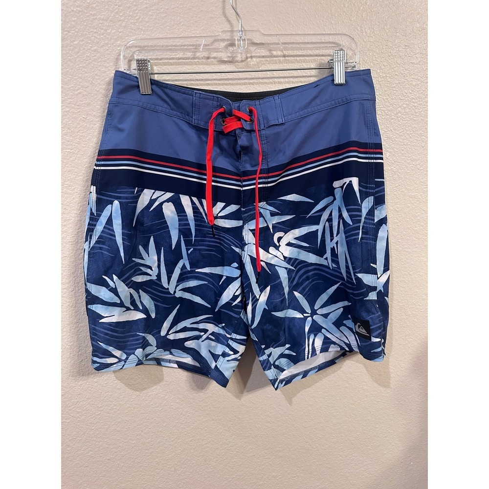 Quiksilver Board Shorts Blue Leaf Print Swim Trunks Beach Surfing
